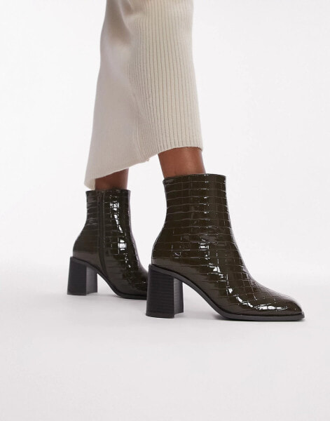 Topshop Wide fit Mae block heel ankle boot in khaki