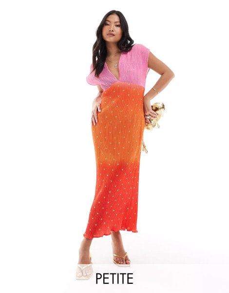 Never Fully Dressed Petite gold fleck plisse midaxi dress in sunset ombre