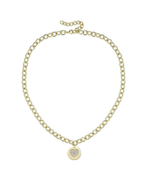 14k Gold Plated with Cubic Zirconia Heart Medallion Pendant Curb chain Adjustable Necklace
