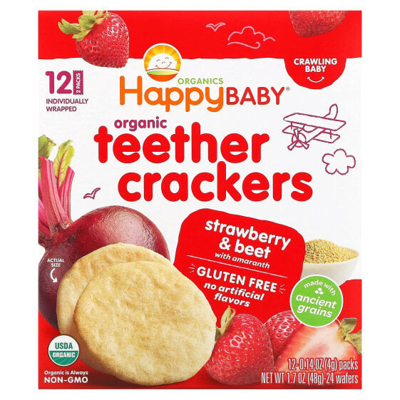 Organic Teether Crackers, Strawberry & Beet with Amaranth, 12 Packs, 0.14 oz (4 g) Each