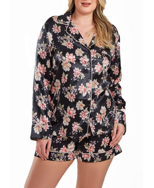 Cyrus Plus Size Floral Satin Pajama Short Set with Cuff Detail, 2 Piece