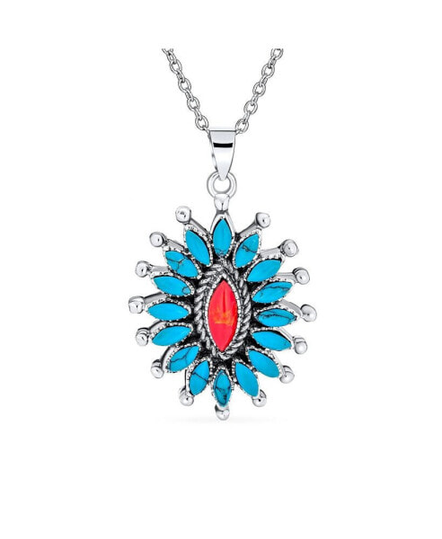 Personalize South Western Navajo Style Orange Red Coral Blue Turquoise Zuni Needlepoint Jewelry Flower Blossom Necklace Pendant For Women .925 Sterling Silver