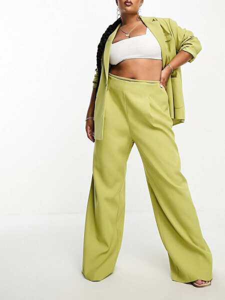 4th & Reckless Plus strap waist detail tailored trouser co-ord in green