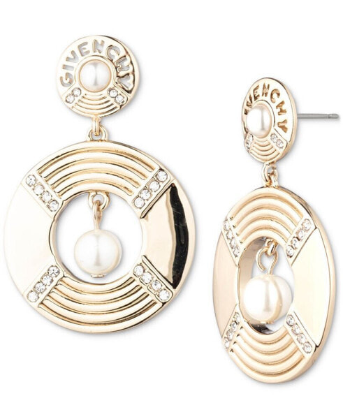 Gold-Tone Pavé, Imitation Pearl & Logo Doorknocker Drop Earrings