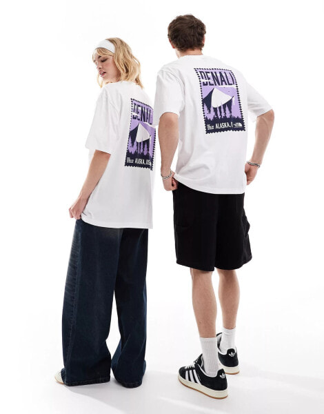 The North Face Vintage Denali backprint oversized t-shirt in white and purple