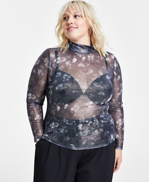 Trendy Plus Size Shine Mesh Mock-Neck Top, Created for Macy's