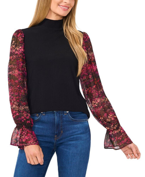 Women's Sheer Floral Long-Sleeve Mock Neck Top