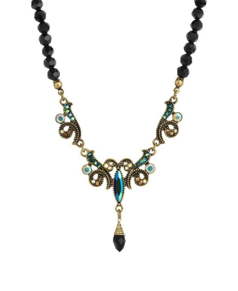 Gold-Tone Blue Iridescent Aurora Borealis Glass Stone and Jet Bead Necklace