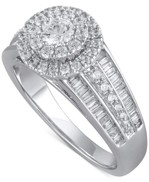 Diamond Round & Baguette Double Halo Engagement Ring (1 ct. t.w.) in 14k White Gold