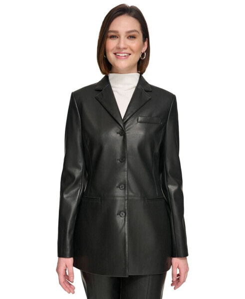 Women's Four-Button Faux Leather Blazer