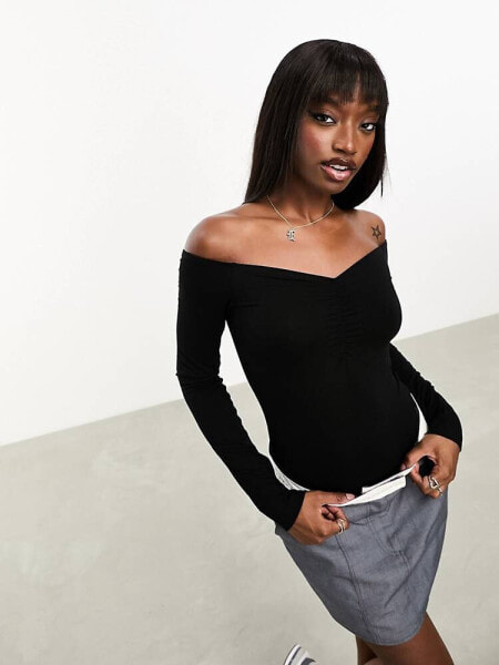 ASOS DESIGN ruched front bardot bodysuit in black