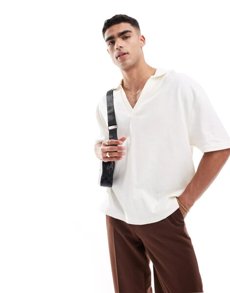 ASOS DESIGN oversized polo with revere collar in beige