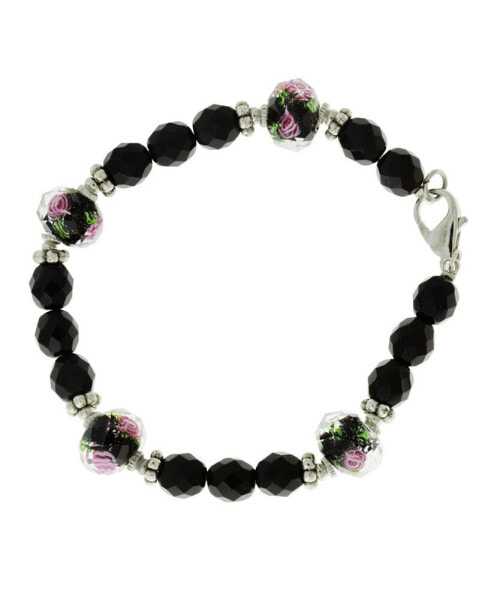 Silver-Tone Black Floral Beaded Bracelet