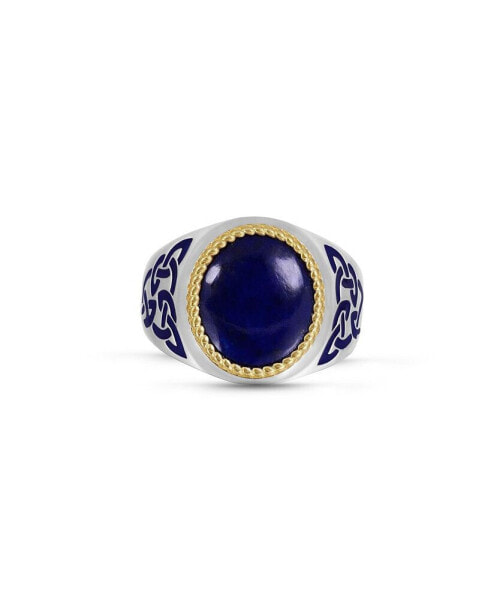 Lapis Lazuli Gemstone Sterling Silver Men Signet Ring with Enamel