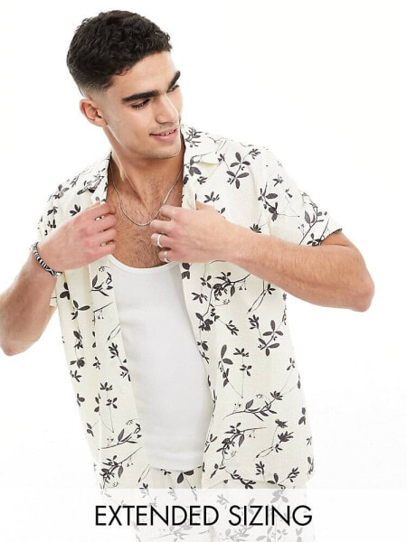 ASOS DESIGN co-ord relaxed revere seersucker floral shirt in white 