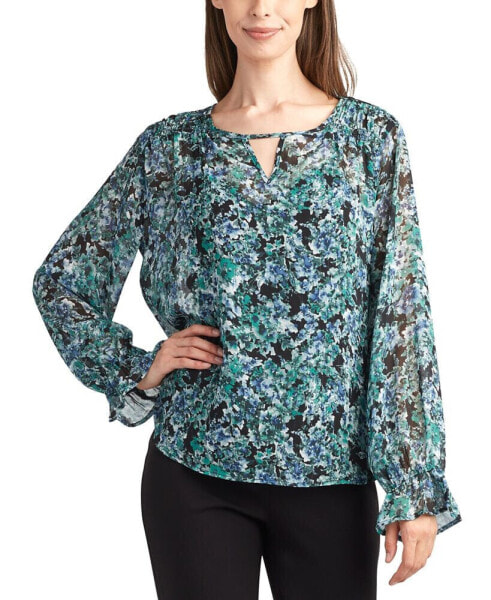 Women's Floral-Print Smocked-Shoulder Keyhole Top