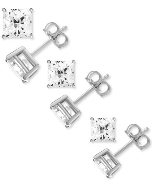 3-Pc. Set Silver Plated Square Cubic Zirconia Stud Earrings