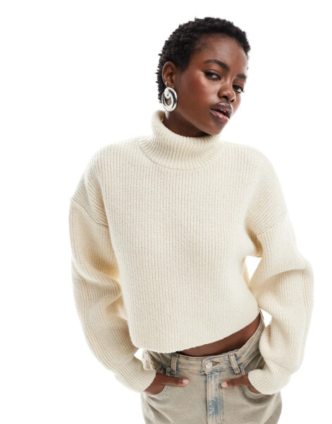 Monki cropped high neck jumper in light beige melange