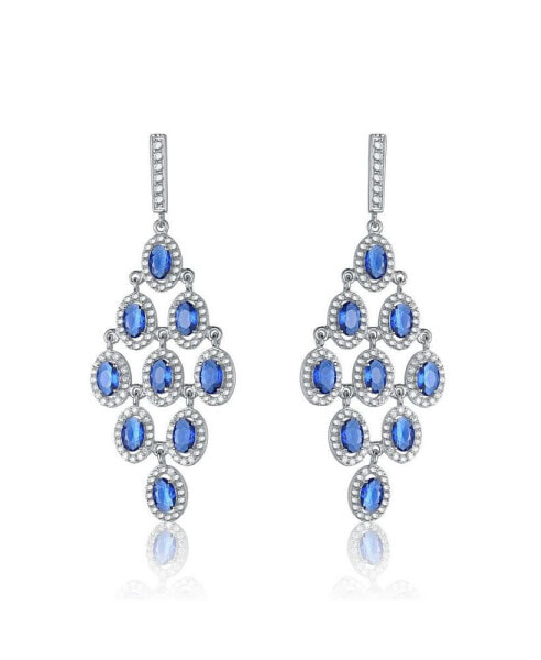 Elegant Chandelier Earrings in Sterling Silver with Rhodium Plating, Featuring Emerald Round Cubic Zirconia