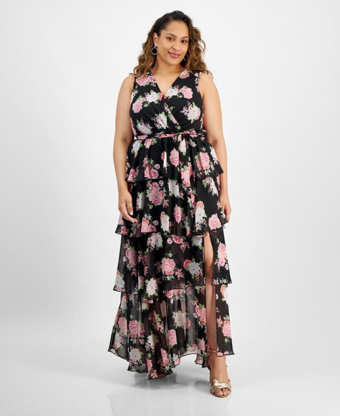 Trendy Plus Size Belted Tiered Maxi Dress