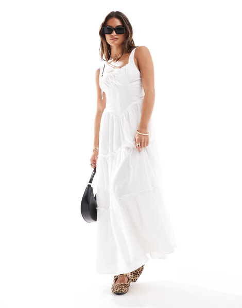 Bershka milkmaid cotton maxi dress in white