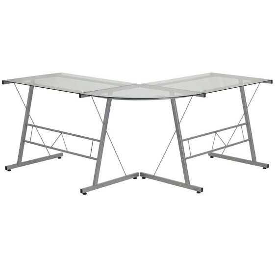 Glass L-Shape Computer Desk With Silver Metal Frame