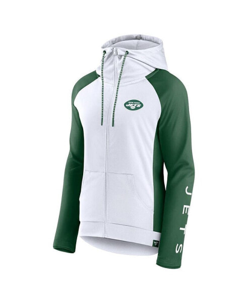 Теплая женская блузка с капюшоном Fanatics New York Jets White/Green End Around - Lightweight Raglan Full-Zip Hoodie Jacket.