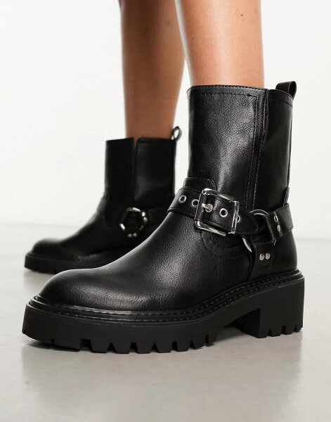 Stradivarius biker boot with buckle detail in black