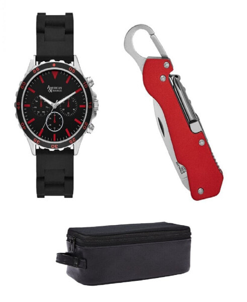 Men's Quartz Black Silicone Strap Watch 50mm Gift Set