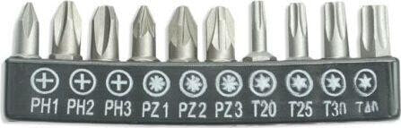 Dedra zestaw bitów 10 sztuk, 25mm: PH1/2/3, PZ1/2/3, T20/25/30/40 (18A07S10)