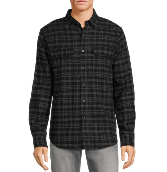 George Flannel Shirt Men's 3XL Black Plaid Cotton Stretch Classic Button-Up