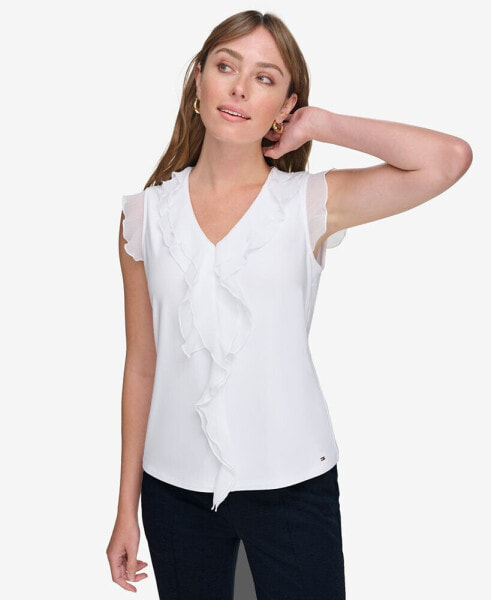 Women's Ruffled Mixed-Media Top