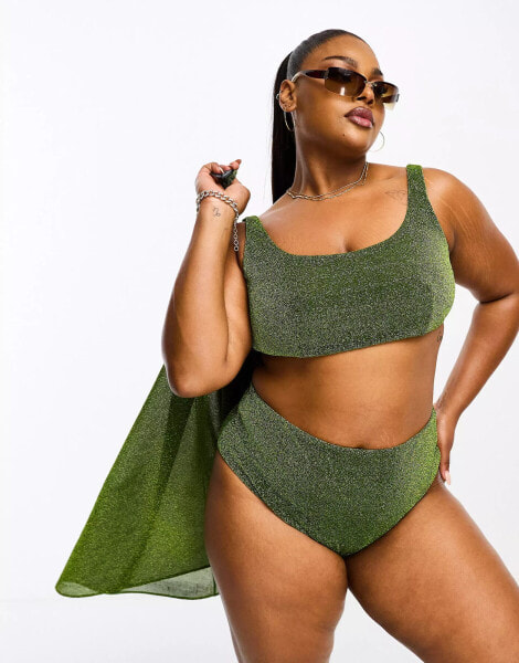 ASOS DESIGN Curve mix and match glitter high waist bikini bottom in green