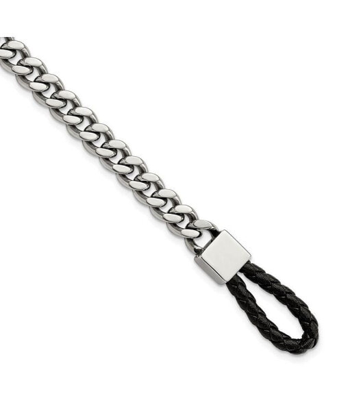 Stainless Steel Curb Chain with Black Leather Hook Bracelet