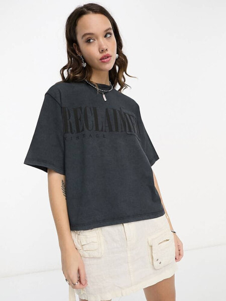 Reclaimed Vintage block logo t-shirt in washed charcoal