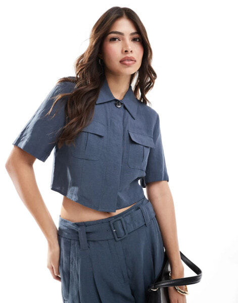 Mango open tie back cropped co-ord shirt in blue