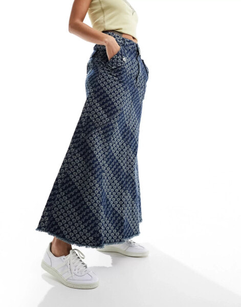 Aape by A Bathing Ape logo monogram denim maxi skirt in mid wash