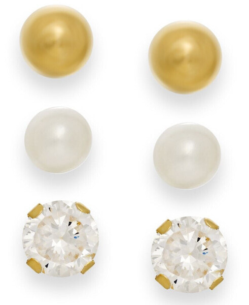 Cultured Freshwater Pearl, Cubic Zirconia and Ball Stud Set in 10k Gold