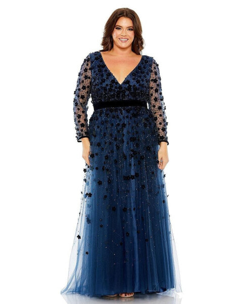 Plus Size Floral Applique Long Sleeve A Line Gown