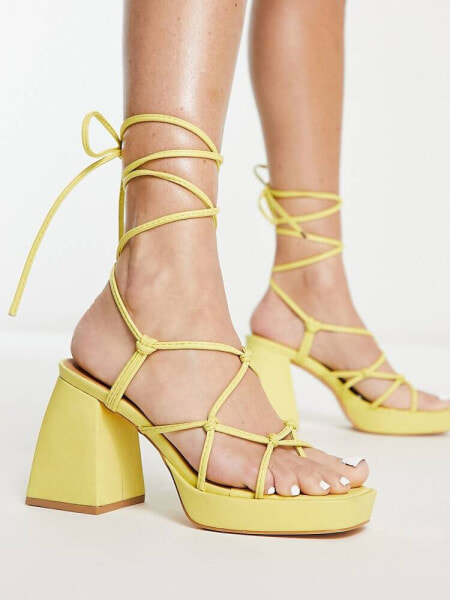 Urban Revivo tie up black heeled sandals in lemon yellow