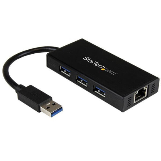 USB-концентратор USB 3.0 портативный с 3 портами и гигабитным Ethernet от Startech.com, модель: StarTech.com 3-Port Portable USB 3.0 Hub plus Gigabit Ethernet - Aluminum with Built-in Cable - Wired - USB - Ethernet - 5000 Mbit/s - Black