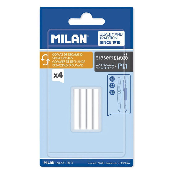 MILAN Blister Pack 4 Spare Erasers For Capsule Slim And Pl1 Mechanical Pencils