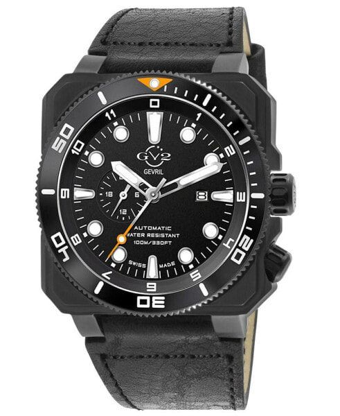 Men's XO Submarine Swiss Automatic Black Leather Watch 44mm