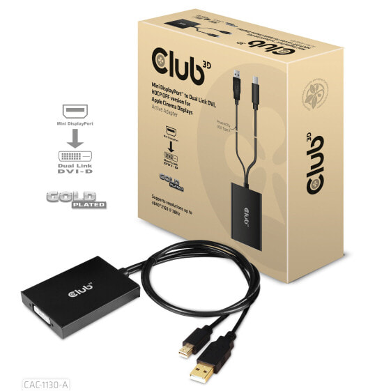 Club 3D Mini DisplayPort to Dual Link DVI, HDCP OFF version for Apple Cinema Displays Active Adapter, 0.6 m, DVI-D, Mini DisplayPort + USB Type-A, Female, Male, Straight