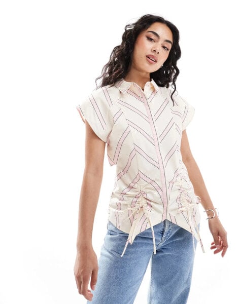 ASOS DESIGN sleeveless ruched front open back shirt in pink and white stripe