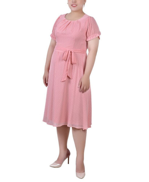 Plus Size Short Sleeve Belted Swiss Dot Dress