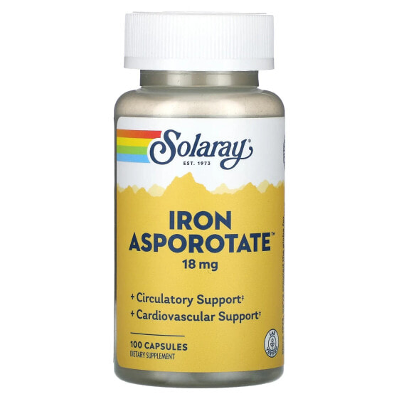 Витамины и минералы SOLARAY Iron Asporotate, 18 мг, 100 капсул