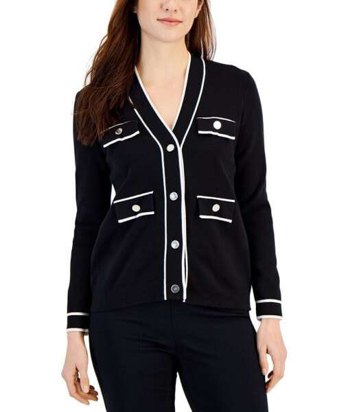 Petite Tipped Long-Sleeve Faux-Pocket Cardigan