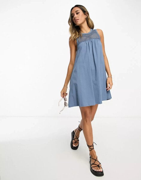 ASOS DESIGN sleeveless crochet neck mini dress in washed blue