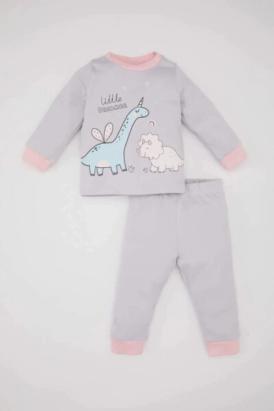 Kız Bebek Dinazor Baskılı Uzun Kollu Premium 2'li Pijama Takımı